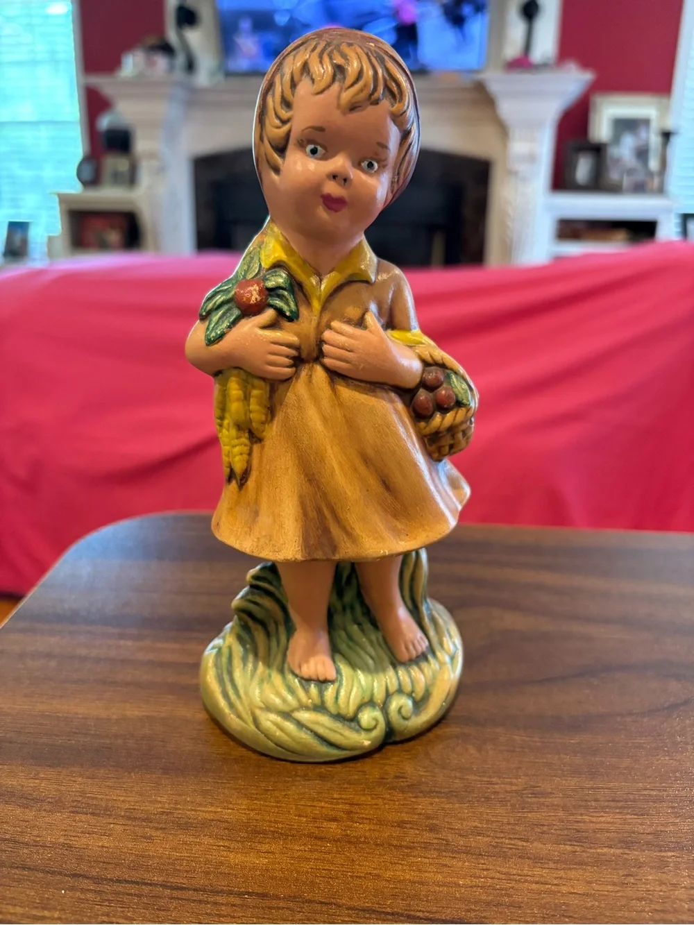 Vintage chalkware figurine a girl holding produce 1970’s hand painted Forlkart.